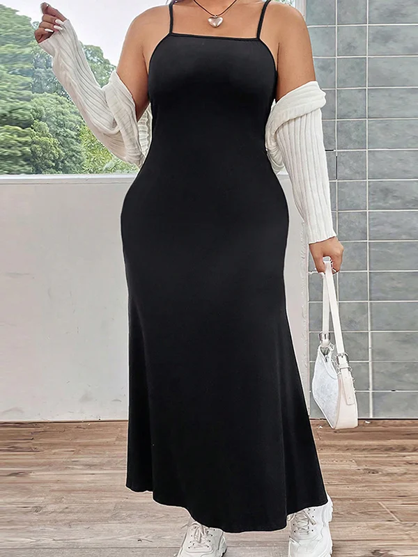 Solid Color Mermaid Plus Size Spaghetti-Neck Midi Dresses