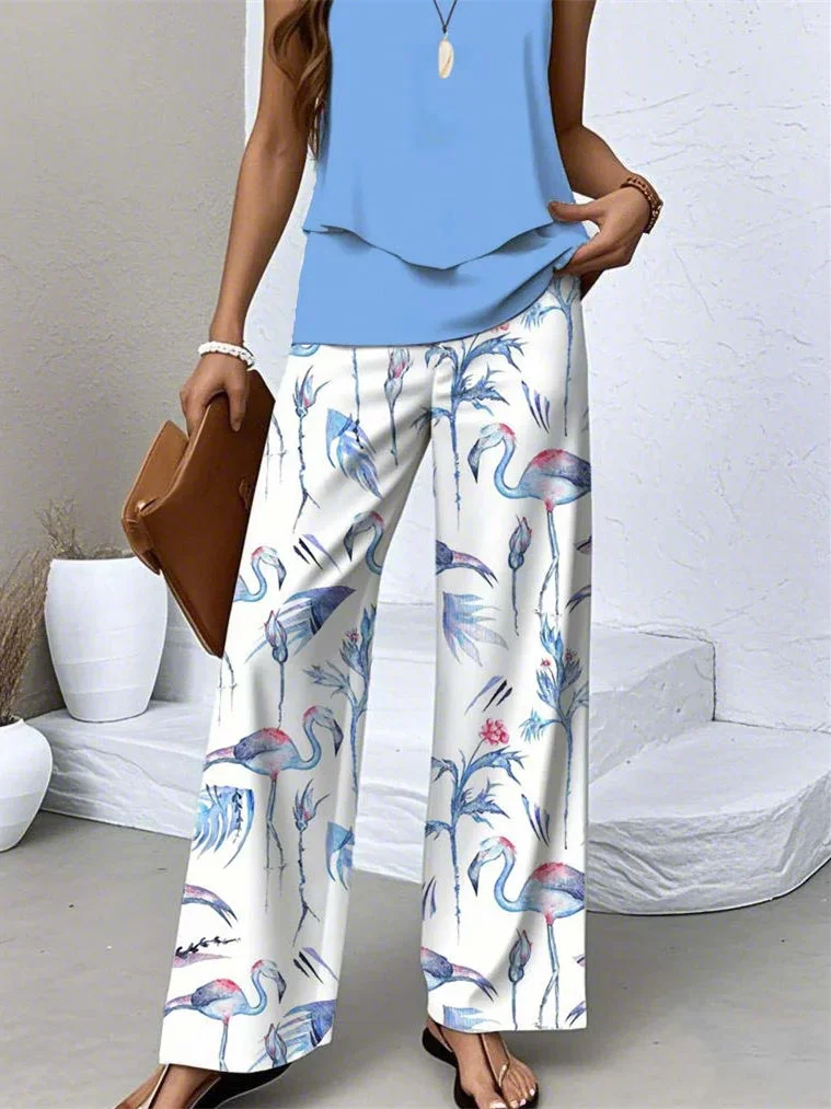 Women's Sleeveless Square Collar Floral Printed Casual Set