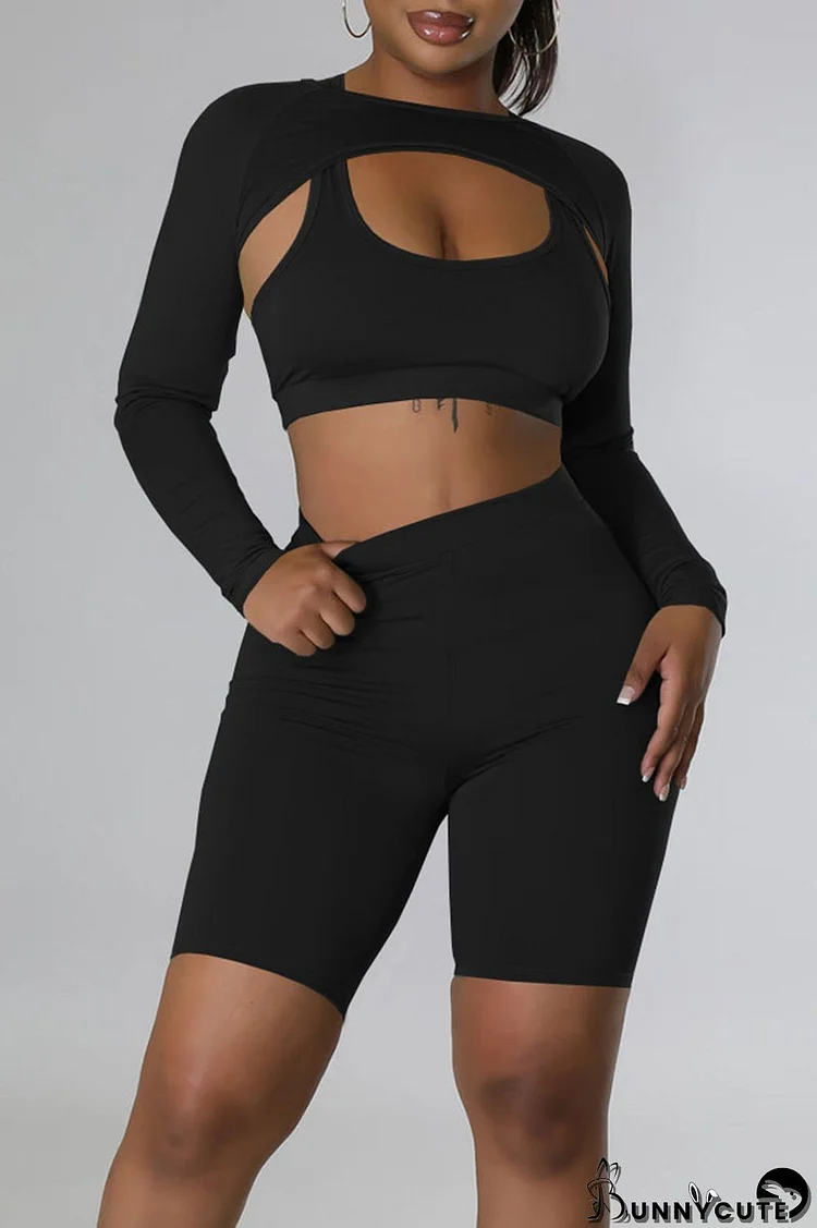 Black Sportswear Solid Patchwork O Neck Long Sleeve Three Pieces