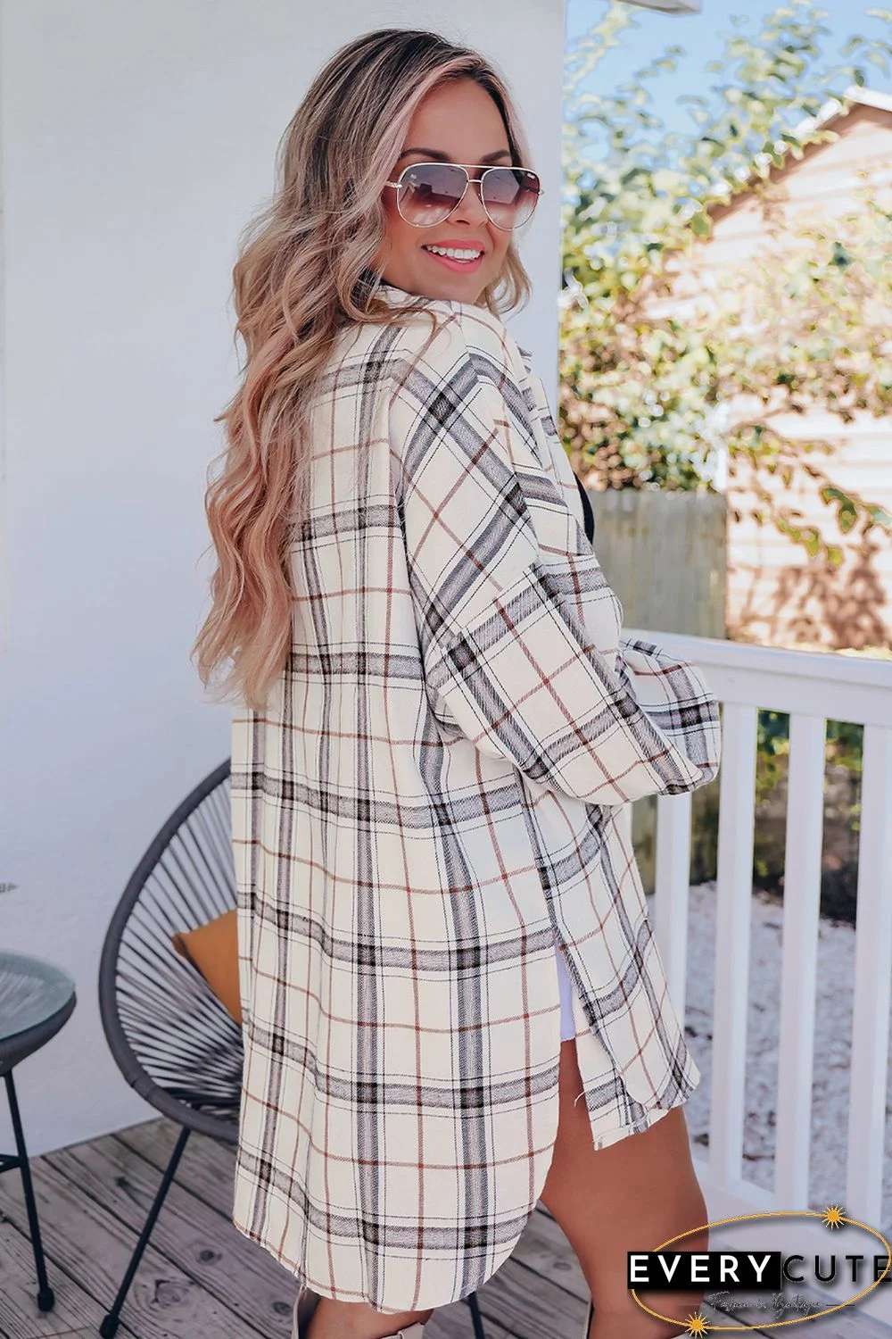 White Oversized Plaid Pattern Shacket with Slits