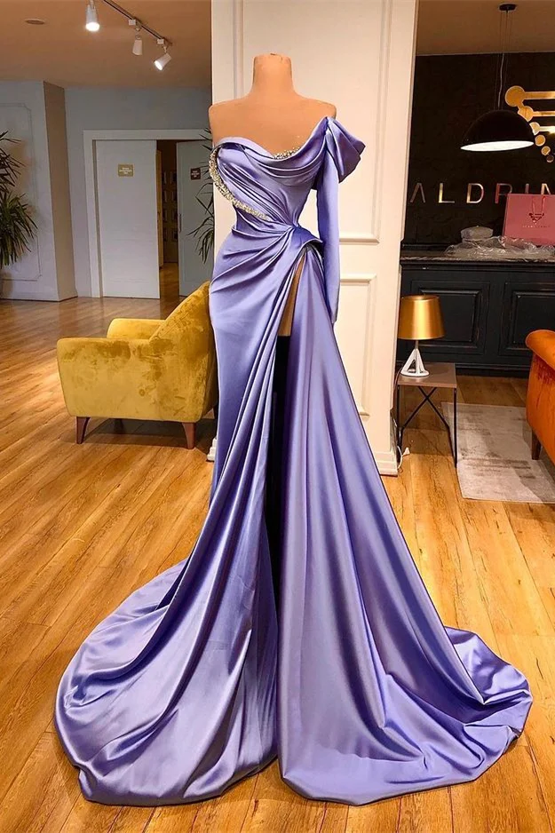Purple Long Sleeves One-Shoulder Beadings Evening Dress Split Mermaid ED0015