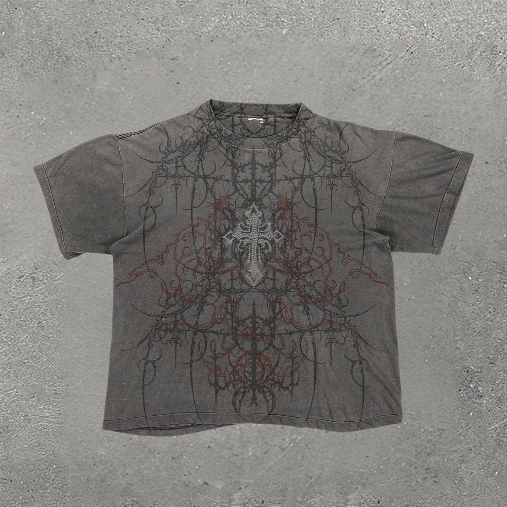 Gothic Rhinestone Cross Print T-shirt