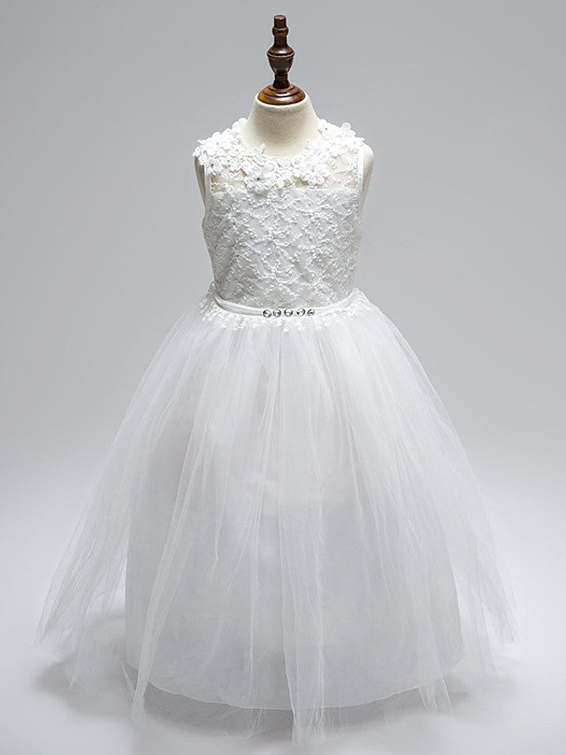 Oknass Ball Gown Sleeveless Jewel Neck Open Back Flower Girl Dress Lace Tulle With Sash Ribbon Bow Appliques 