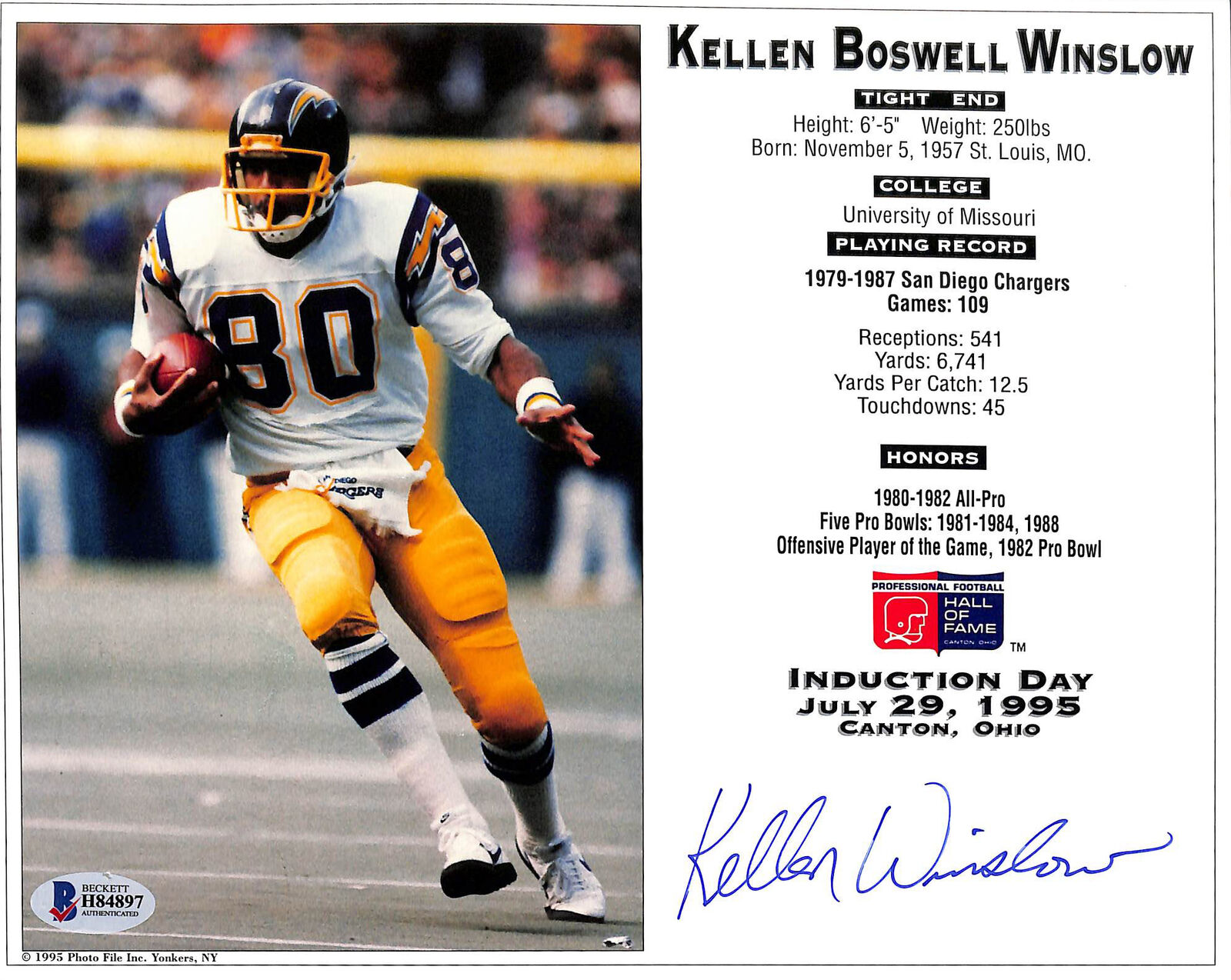 Chargers Kellen Winslow Authentic Signed 8x10 Photo Poster painting Induction Day Stat BAS