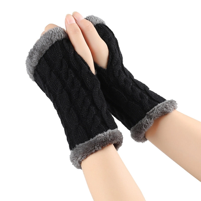 New Autumn And Winter Fleece-lined Wool Gloves Twist Knitted Finger Leakage Plush Oversleeve Warm Thickened Wool Gloves