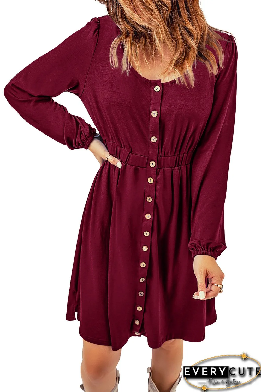 Wine Button Up High Waist Long Sleeve Dress