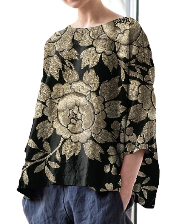 Vintage Floral Embroidery Print Crew Neck Linen Loose Top