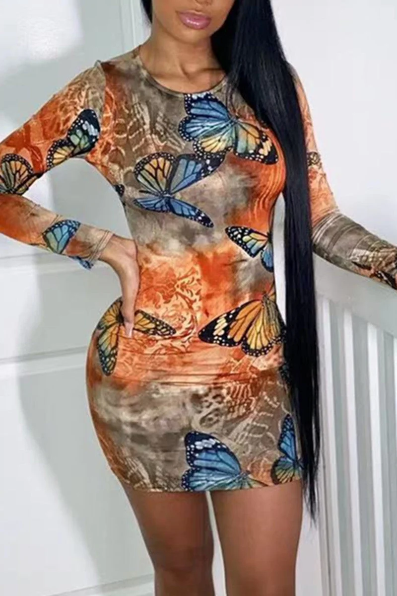 Fashion Sexy Butterfly Print Basic O Neck Long Sleeve Dresses