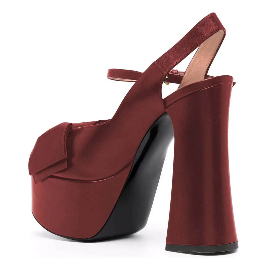 Maroon Vegan Leather Peep Toe Platform Slingback Heels with Bow Accent
