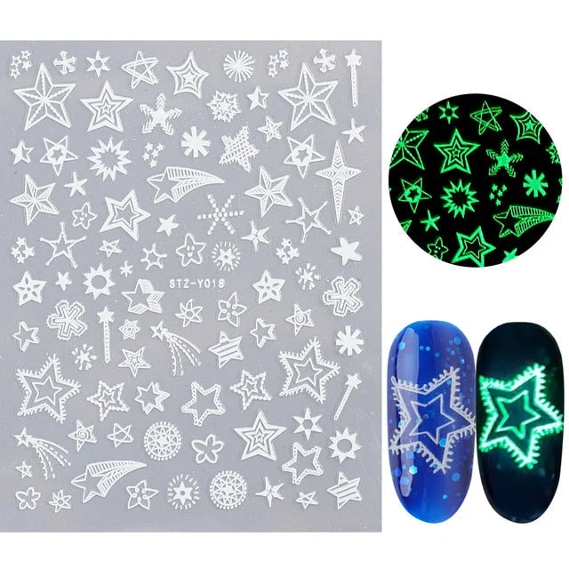Nail Stickers Back Glue Fluorescent Light Christmas Snowflake Animal 3D Designs Nail Decal Decoration Tips For Beauty Salons-Nail Inspo