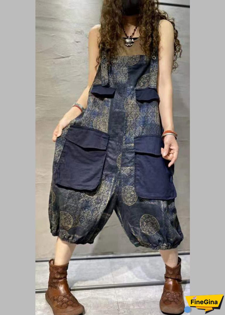 Plus Size Blue Print Oversized Pockets Patchwork Cotton Denim Jumpsuit Summer