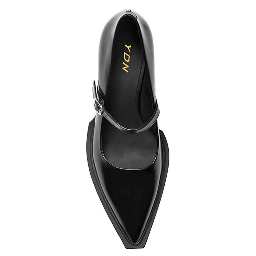 Black Vegan Leather Pointed Toe Buckle Strap Casual Mary Janes