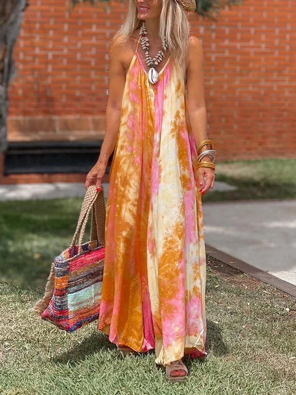 Backless Tie-Dyed Loose Sleeveless Halter-Neck Jumpsuits