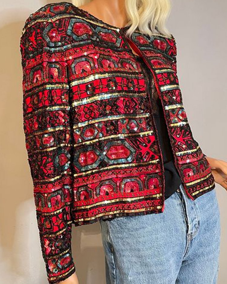 Women's Colorful Vintage Sequin Cropped Jacket Cardigan Glitter