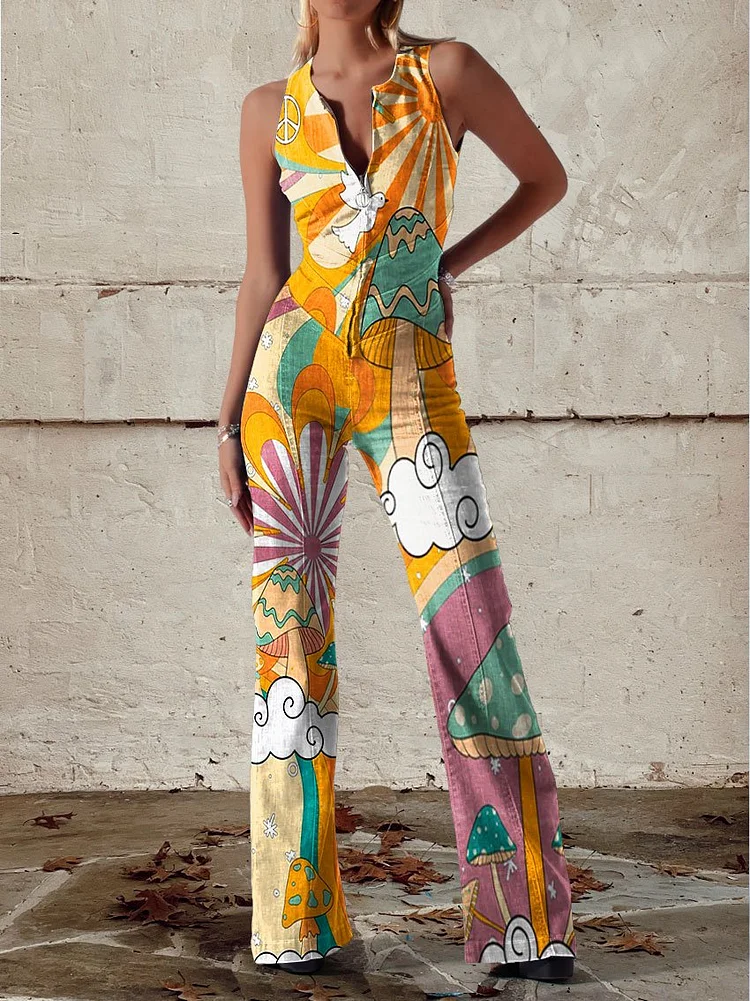 Women's Vintage Hippie Floral Mushroom Art Print Casual Denim Jumpsuit