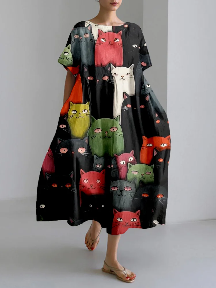 Cute Cats Graphic Linen Blend Cozy Maxi Dress