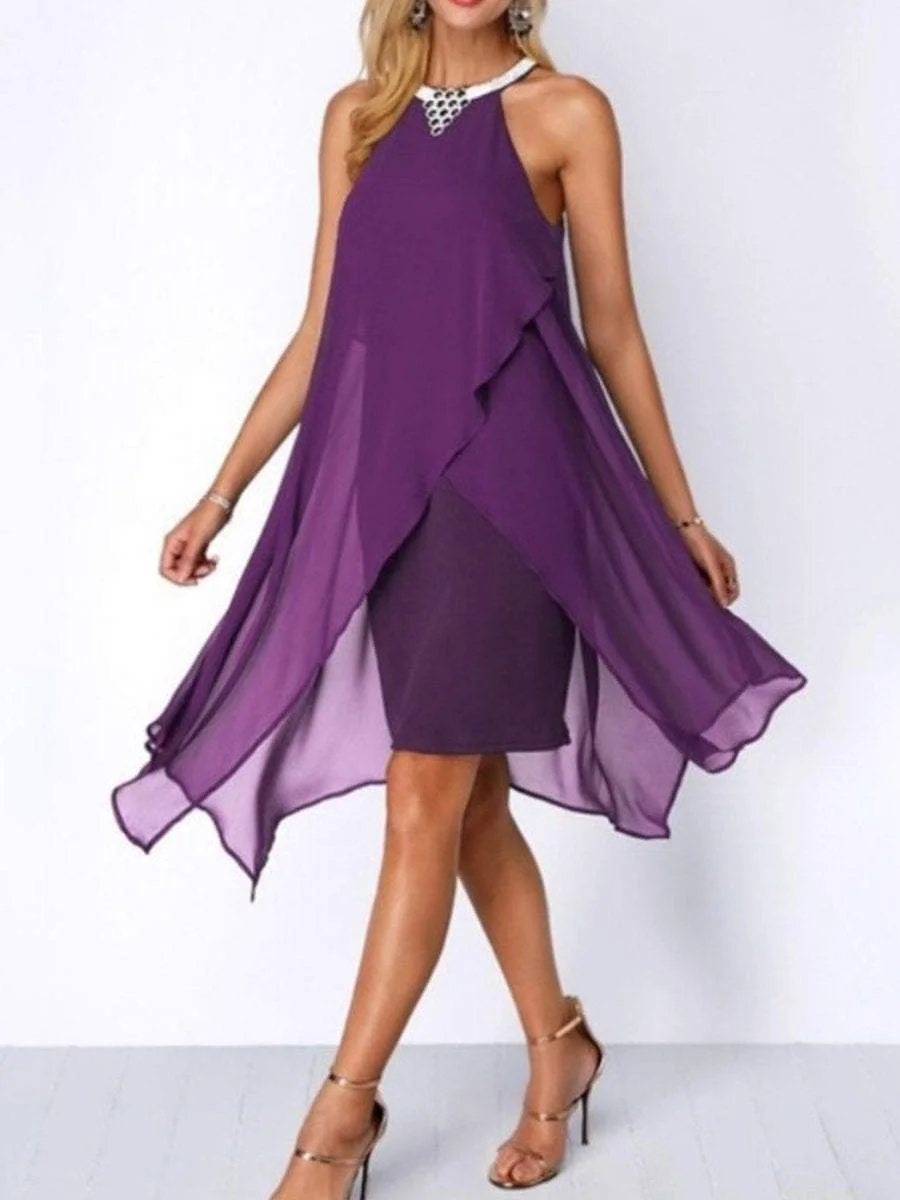 Solid Color Mesh Sleeveless Irregular Loose Dress