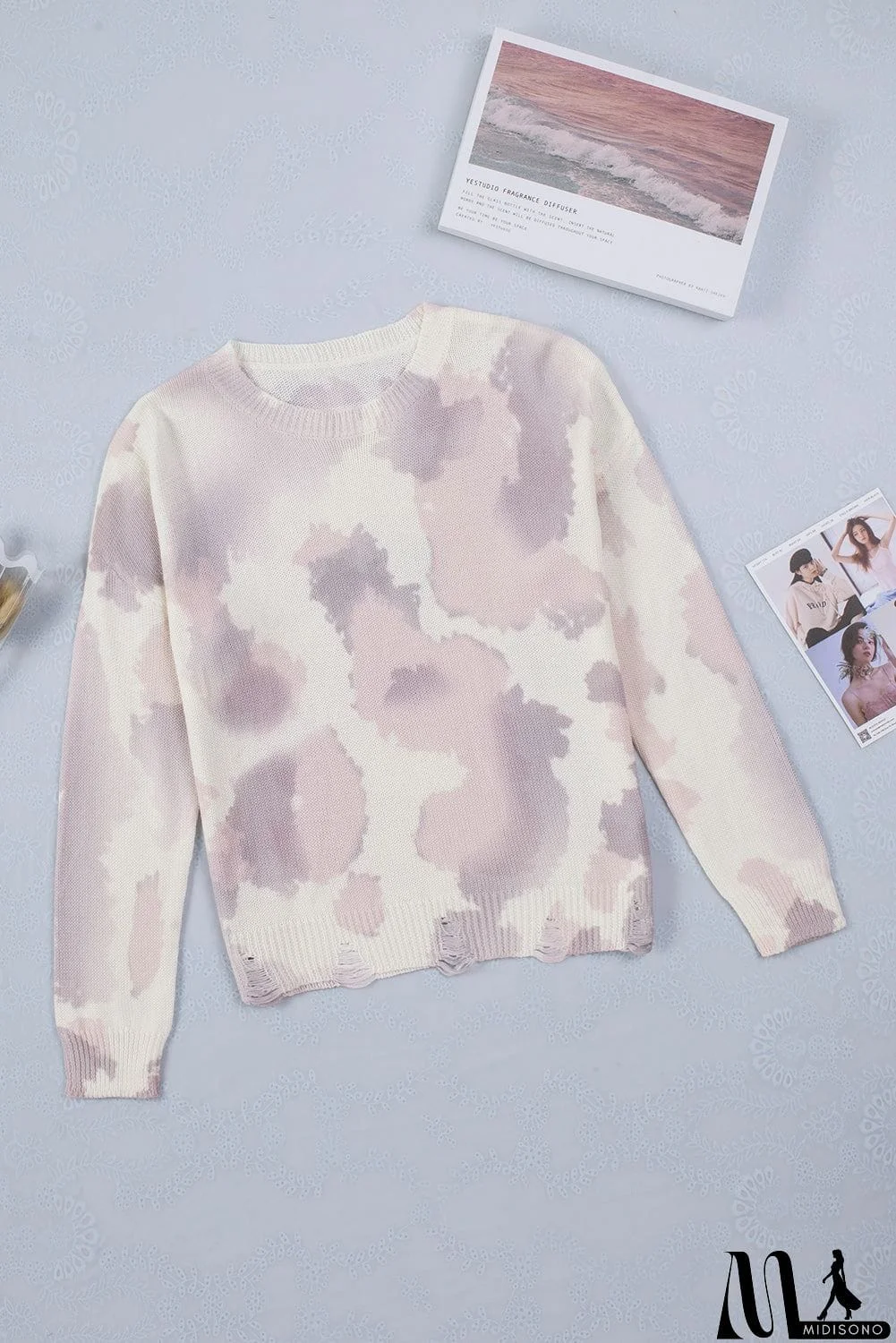 MidiSono - Beige Stain Washed Tie Dye Sweater