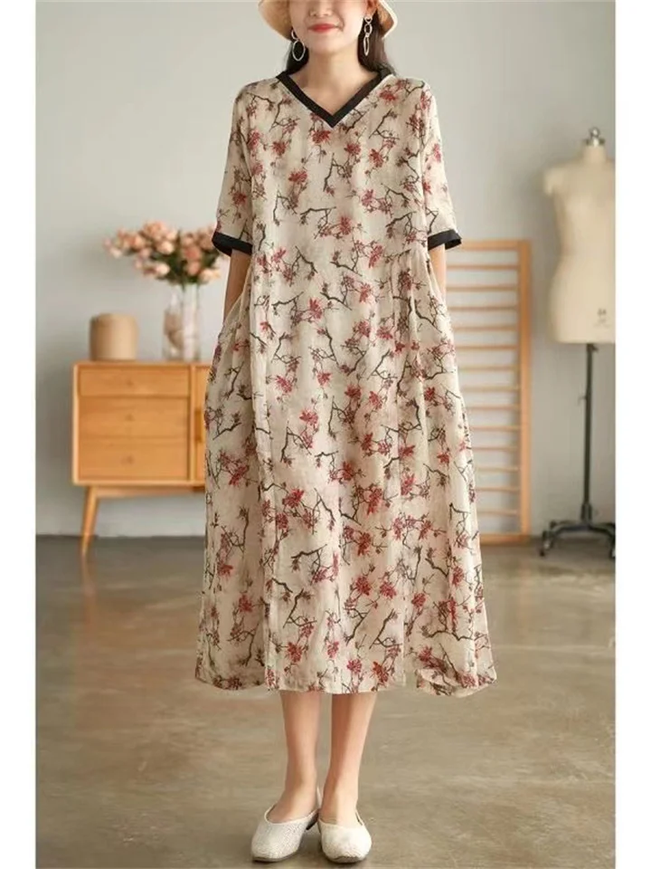 Literary Retro Floral Cotton Linen Short Sleeved Dress | EGEMISS