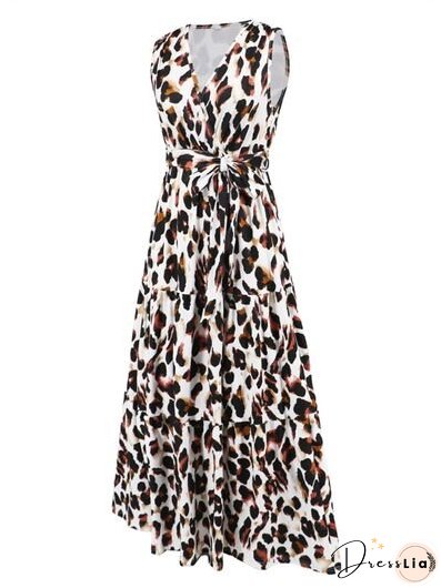 Tied Printed Surplice Tiered Tank Dress