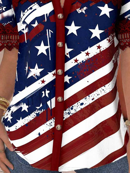 Women Short Sleeve V-neck Striped Star Printed Graphic Lace Hollow Stitching Button Tops