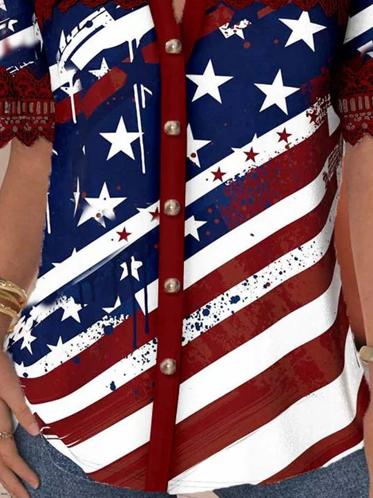 Women Short Sleeve V-neck Striped Star Printed Graphic Lace Hollow Stitching Button Tops