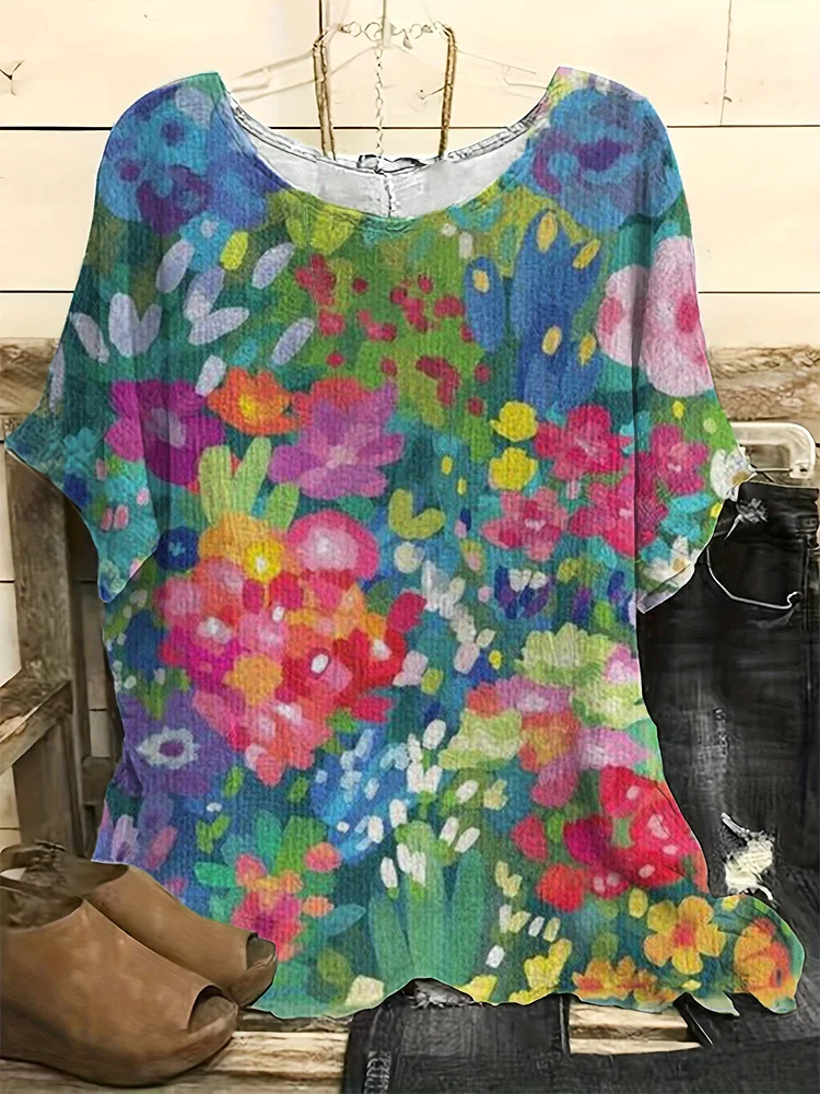 Vintage Floral Art Print Casual Linen Blend Shirt