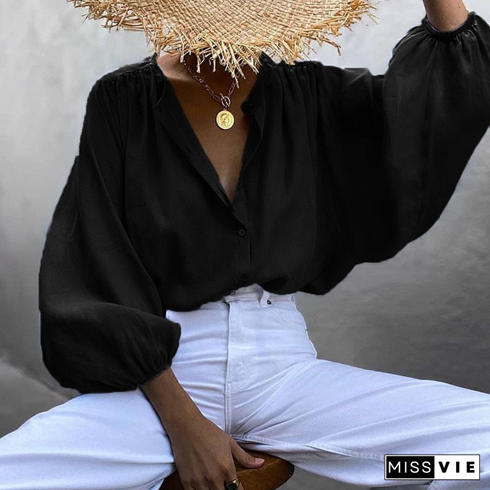 Chic New Women Lantern Sleeve Blouse Solid Color Elegant Fashion Round Collar Buttons Shirts Lady Plain Tops for Autumn Spring