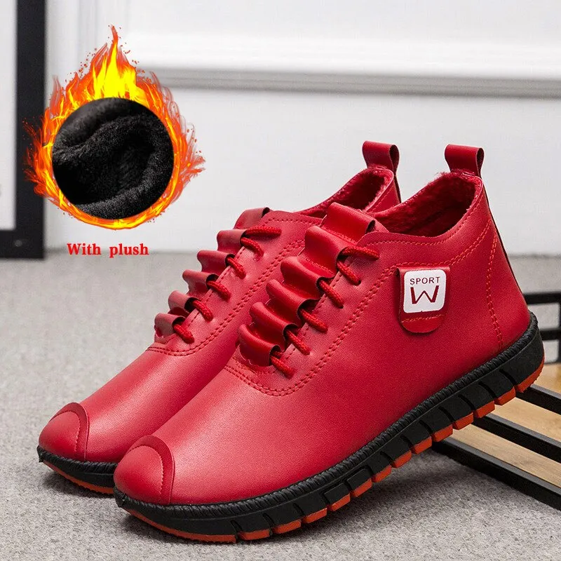 Women Shoes Autumn Winter Pu Leather Women's Flat Walking Shoes Lace up Sneakers 2020 Woman Sewing Plush Warm Female Footwear