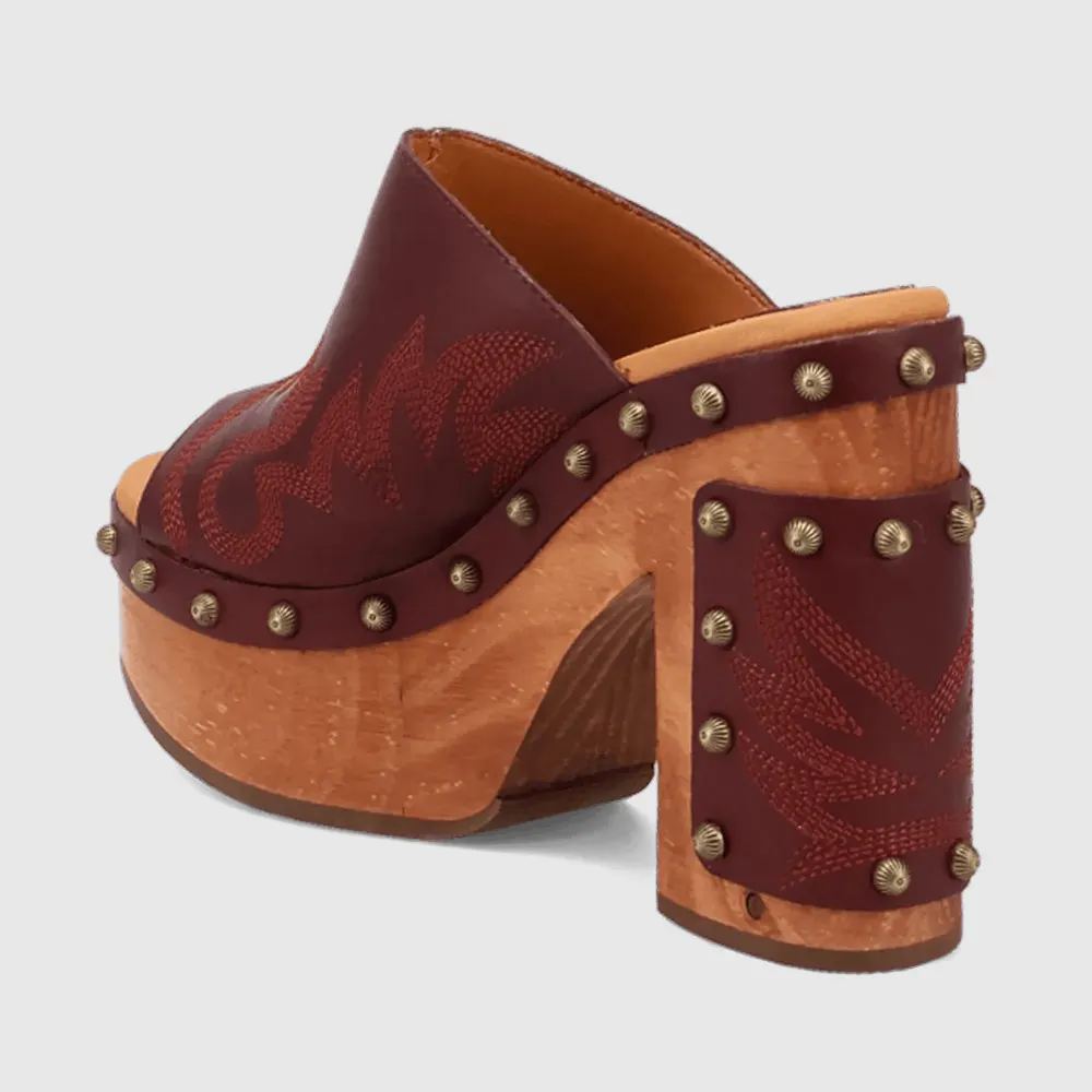 Maroon Chunky Heel Platform Embroidered Mules for Women with Studded