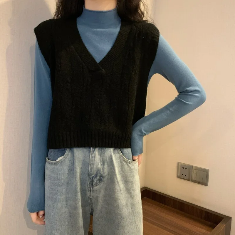 Sweater Vest V-neck Cropped Knitted Solid All-match Elegant Office Ladies Loose Fashion Simple Ulzzang Chic Daily Outwear New BF