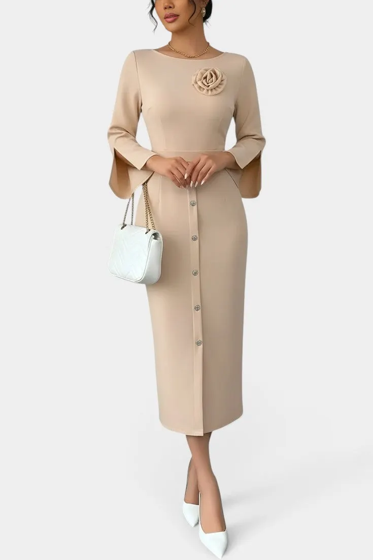 Bell Sleeve Midi Dress with Floral Accent