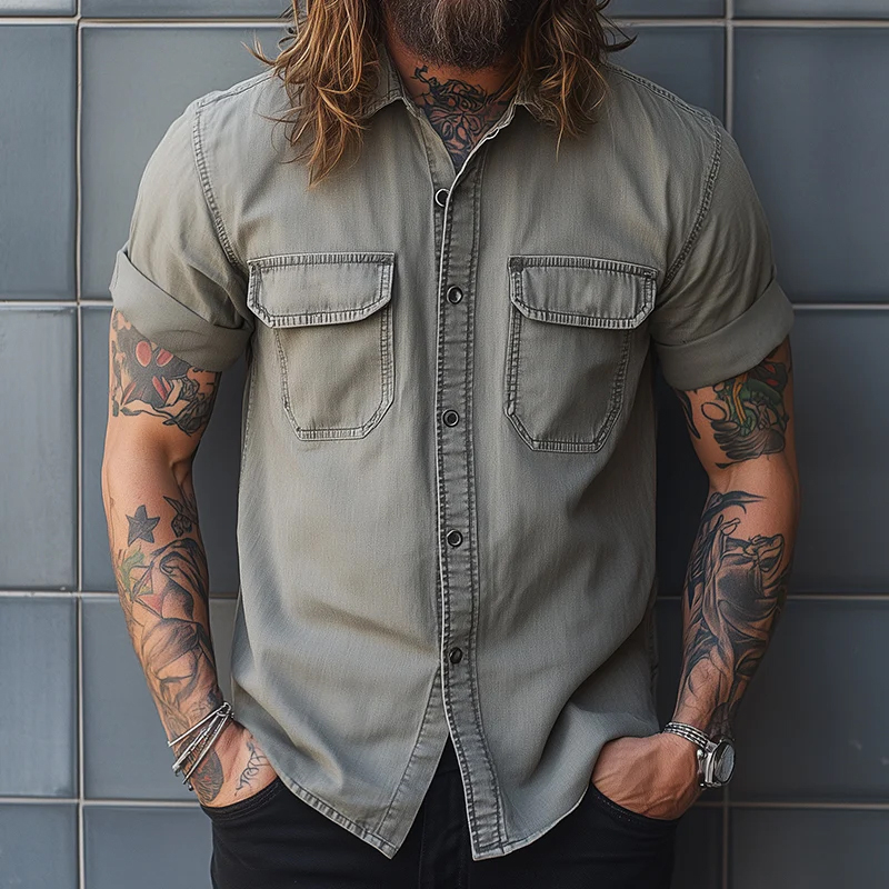 Men's Retro Casual Washed Lapel Pocket Short Sleeve Shirt