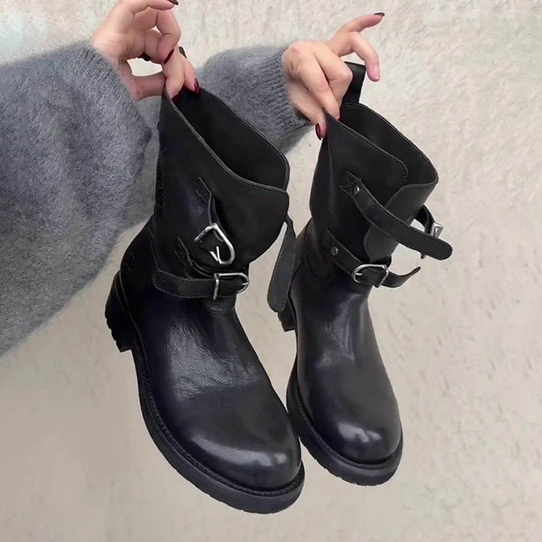 Breakj Breakj Belt Buckle Short Barrel Knight Boots Coarse And Western Cowboy Boots Women Thin Round Head Locomotive Short Boots