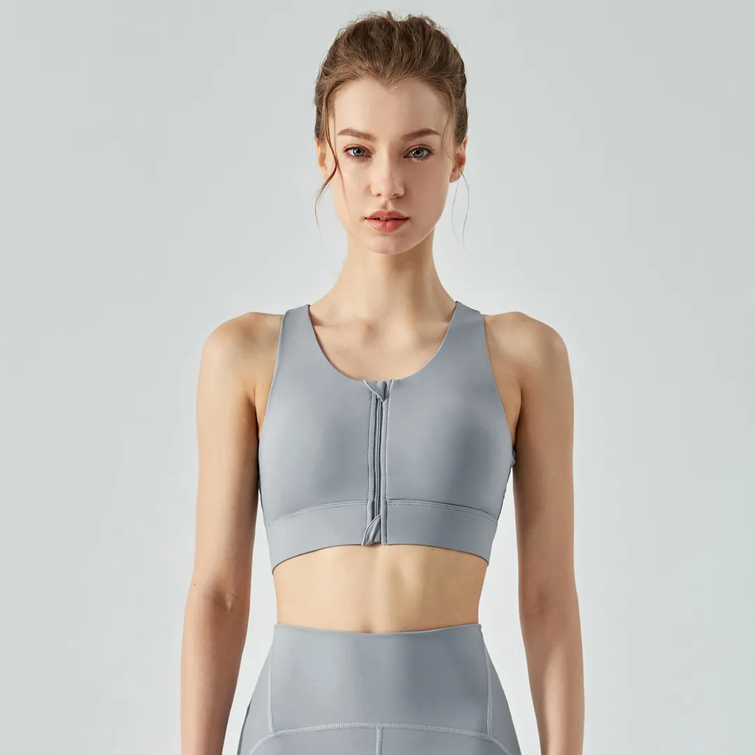 Buy Rhino Gray different colors and types of high support shockproof front zip workout sports bra with removable cups on Hergymclothing