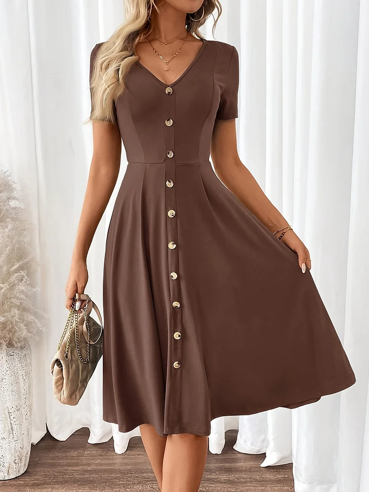 Ladies Summer Elegant V-Neck Short Sleeve A-Line Dress