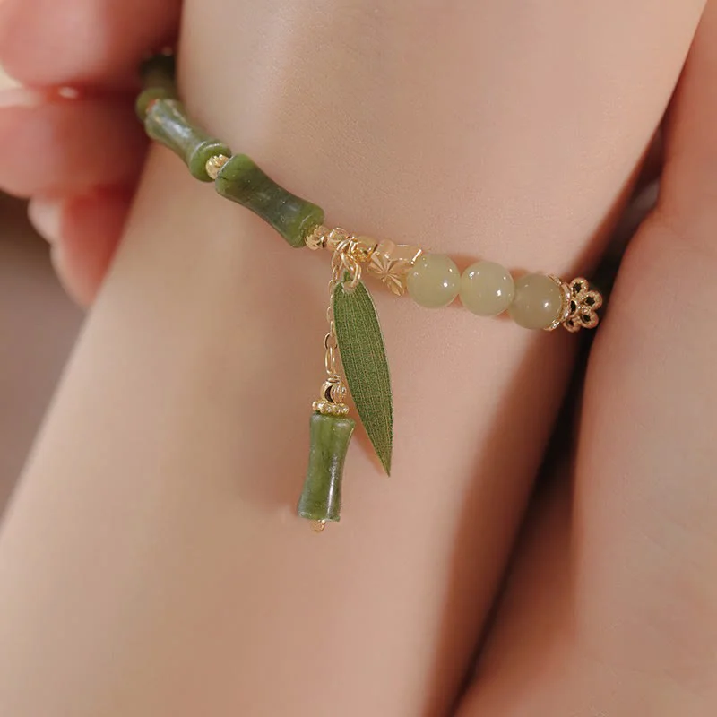 Jade Bamboo Leaf Lily Of The Valley Pattern Luck Abundance Bracelet
