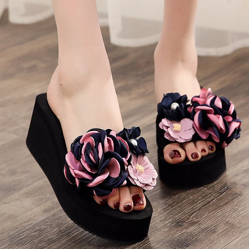 Women's Large Size High-heeled Word Drag Female Slip Fashion Beach Sandals Sandals and Slippers DIY Flowers Sandals Simple