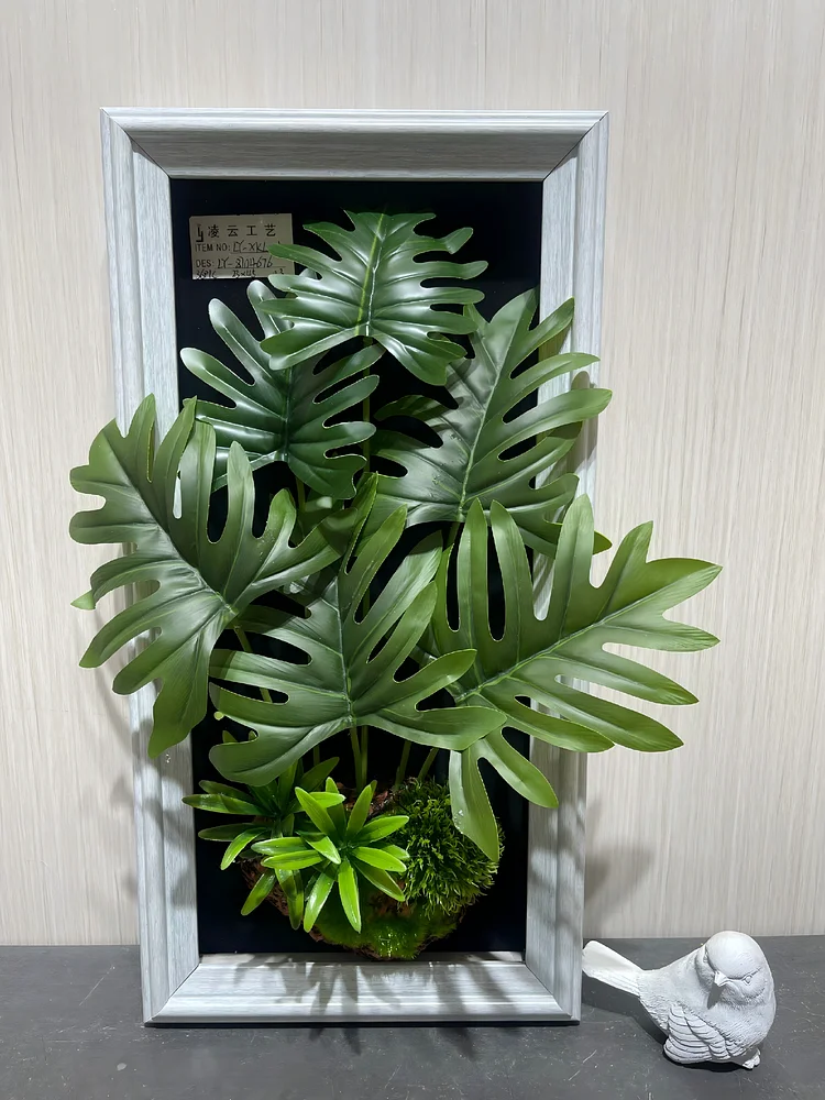 Artificial Tropical Monstera Leaf Arrangement in Light Gray Framed Display（Size:9 in*18 in）