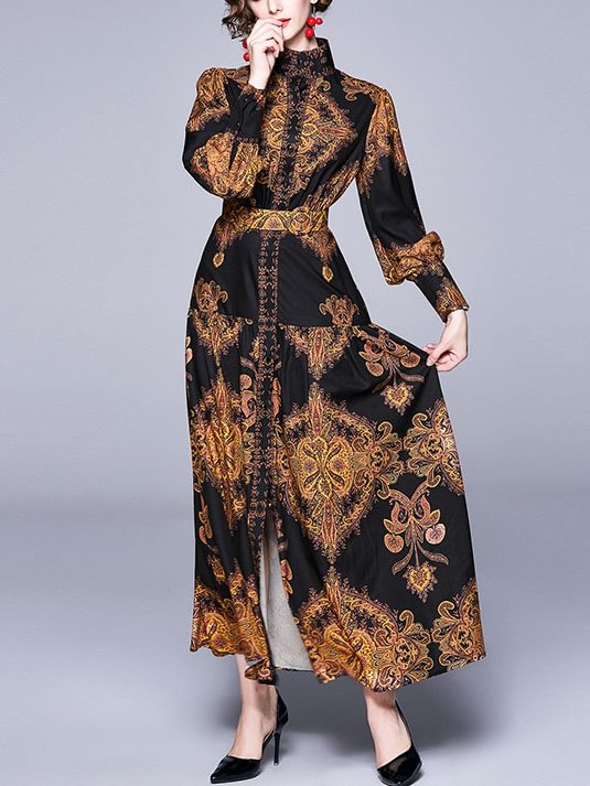 Stand-up collar printed long-sleeved slim dress