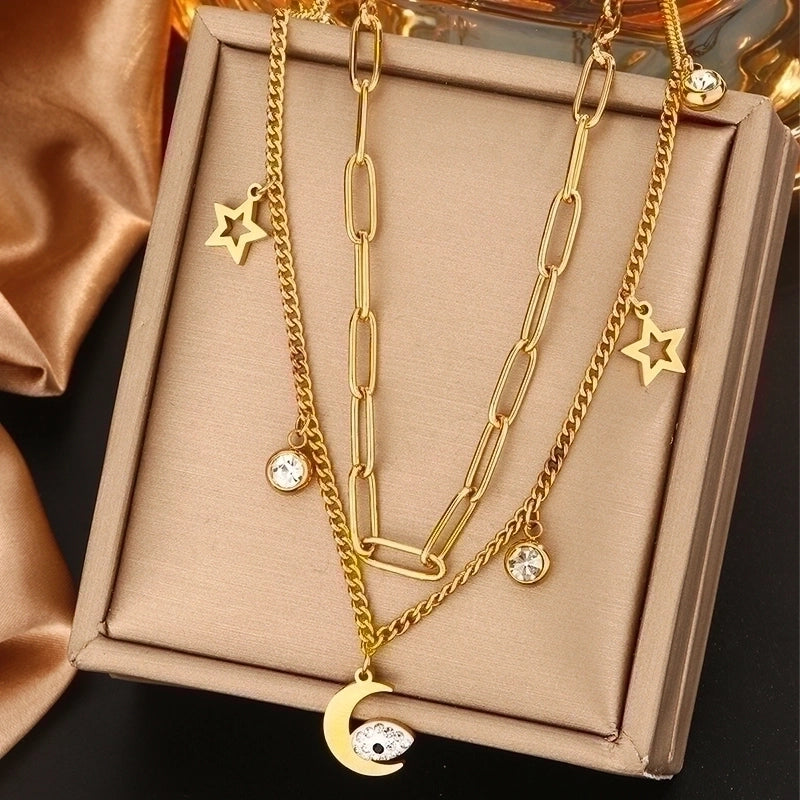 Vintage Style Commute Devil’s Eye Star Moon 304 Stainless Steel Turquoise Rhinestones Shell 18K Gold Plated Plating Inlay Layered Necklaces