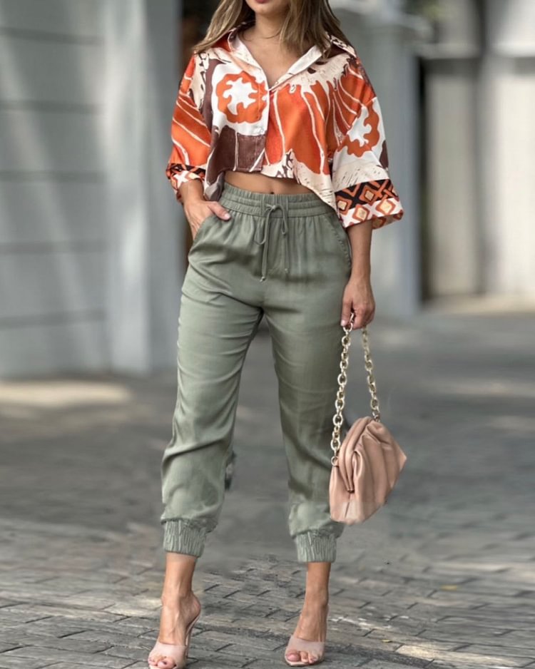 Lapel printed casual two-piece suit