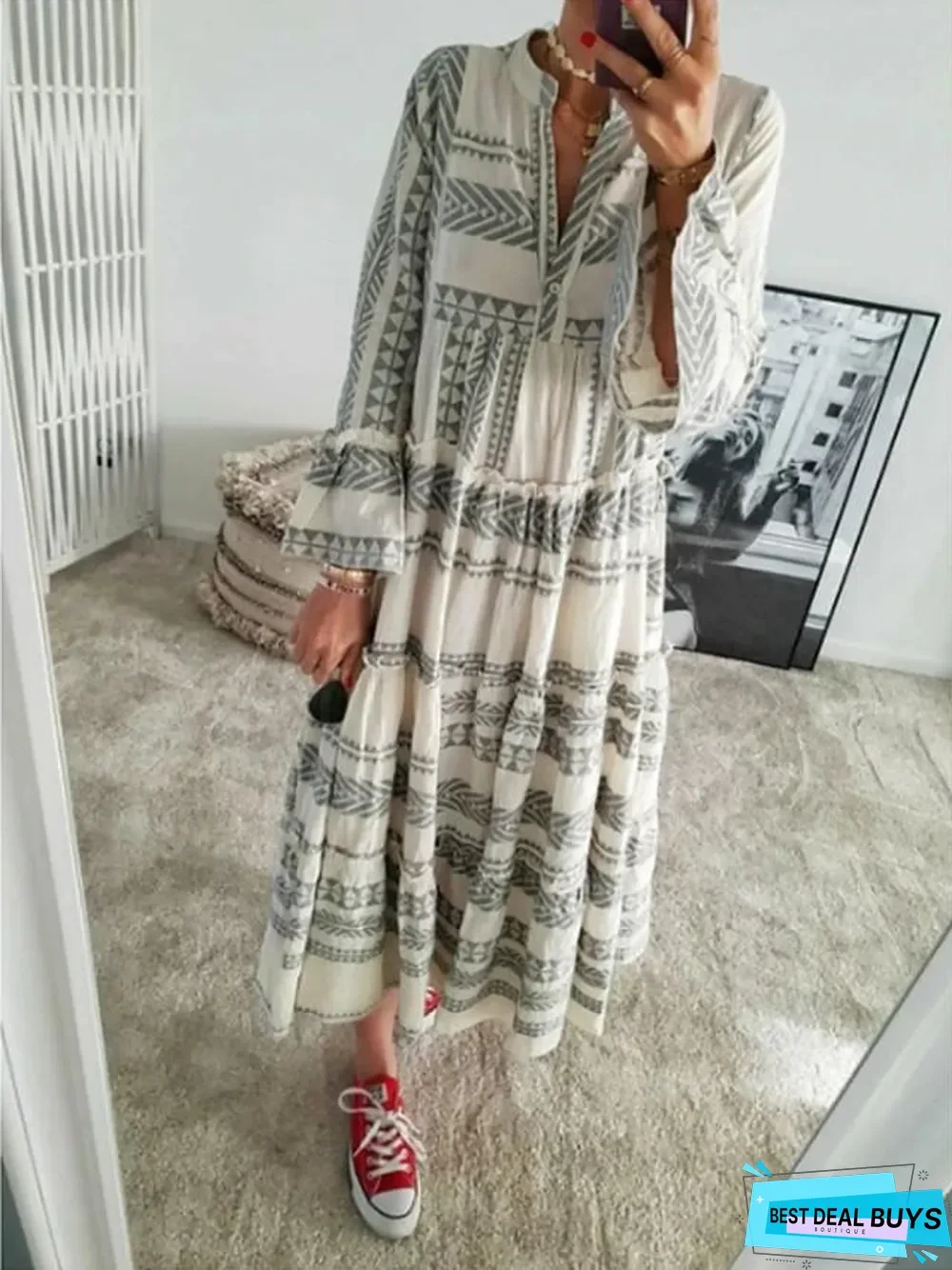 Women's Swing Dress Maxi Long Dress - 3/4 Length Sleeve Geometric Print Spring Summer Casual Vacation Dresses Flare Cuff Sleeve Red Gray