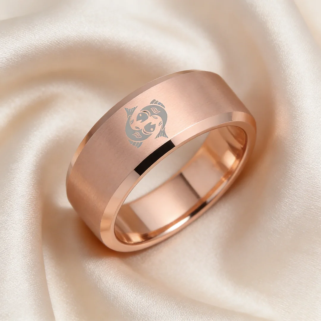 Mens Womens Rose Gold Pisces Tungsten Carbide Bands Rose Gold Edges and Laser Etched Wedding Rings Comfort Fit 4MM 6MM 8MM Width
