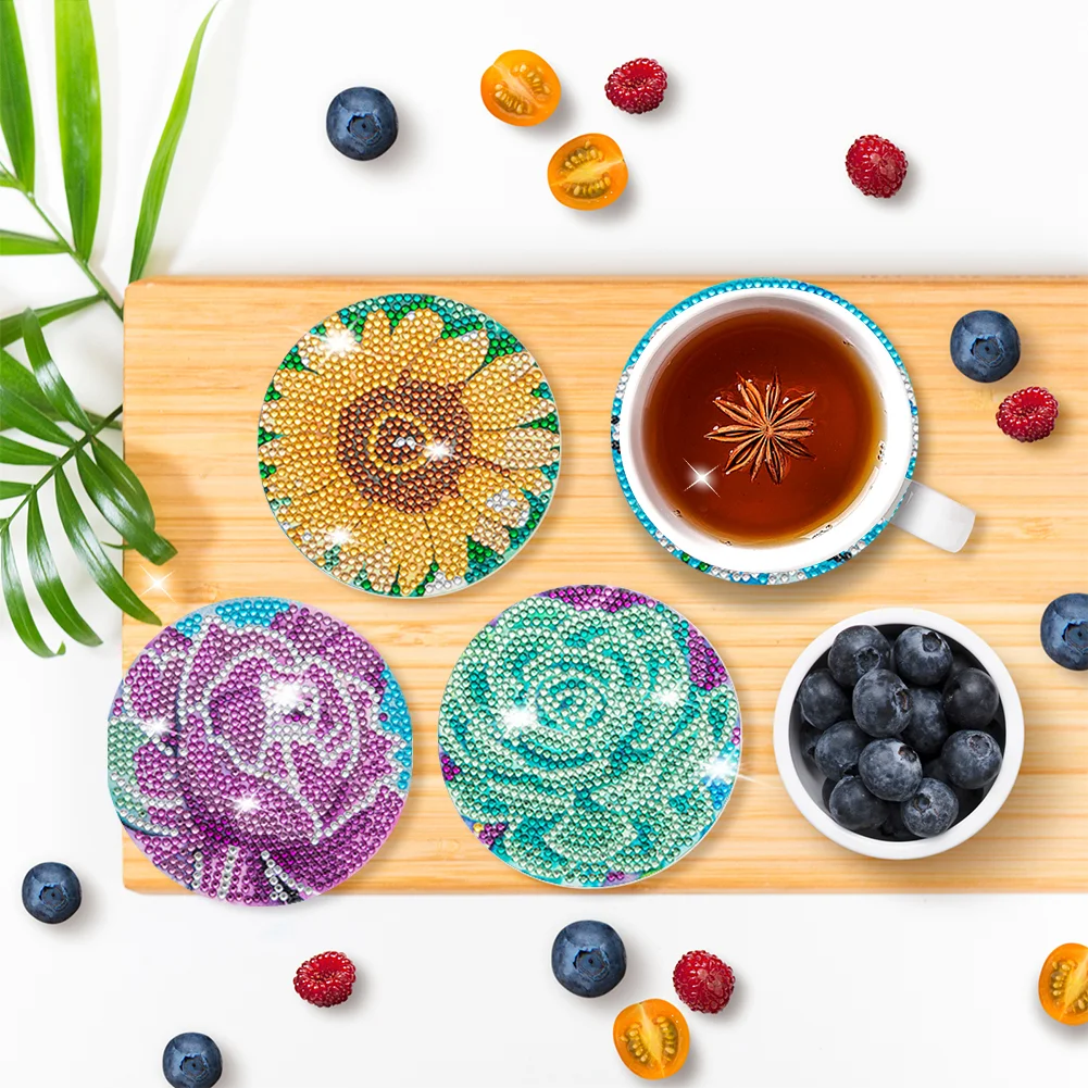 6pcs Flower Anti Slip Coasters with Holder DIY for Tabletop Protection