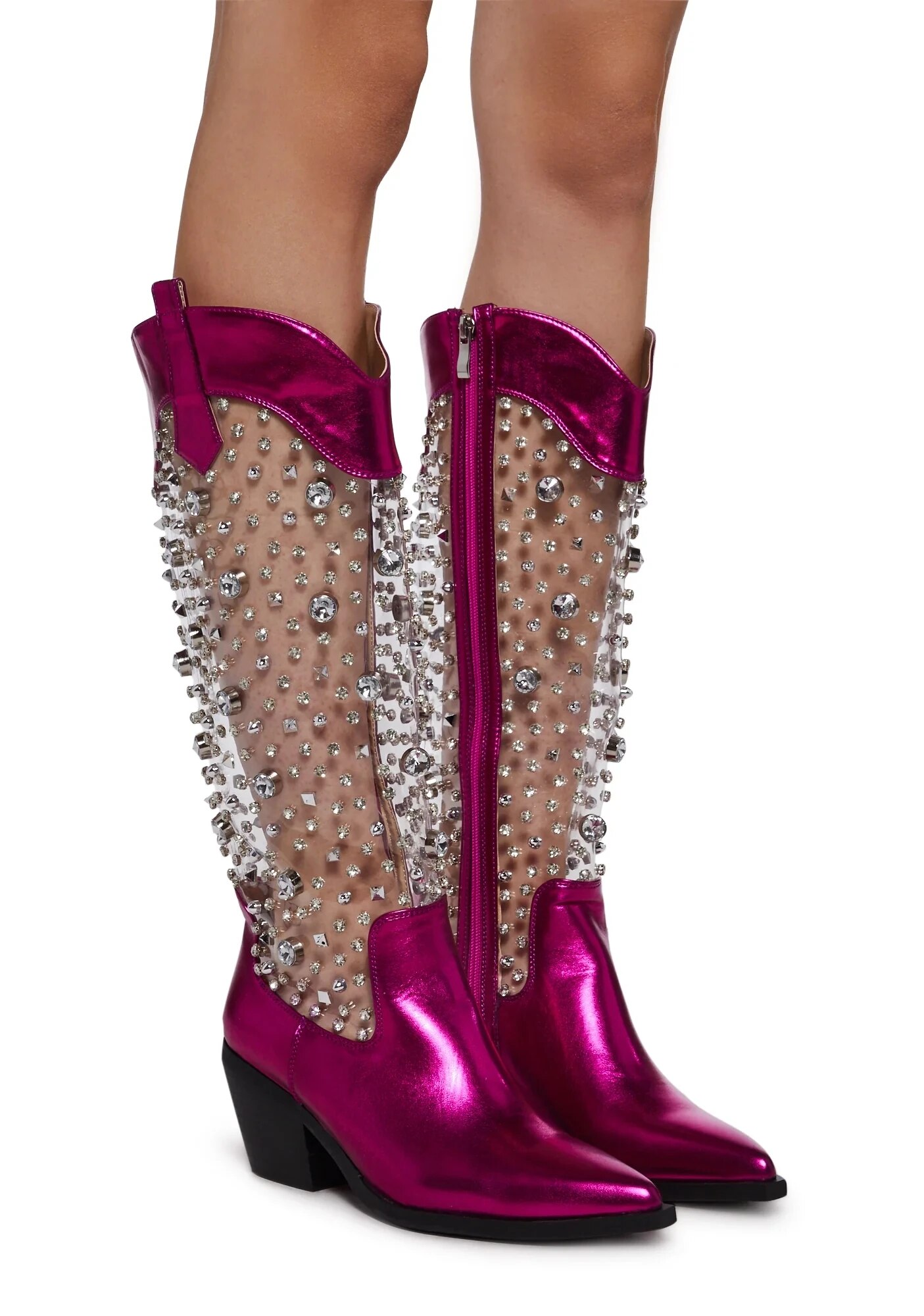 VCSHOES Women Knee High Boots Rhinestone Glitter Bling Western Pointed Toe Boots Transparent Block Heel Cowgirl Booties 44