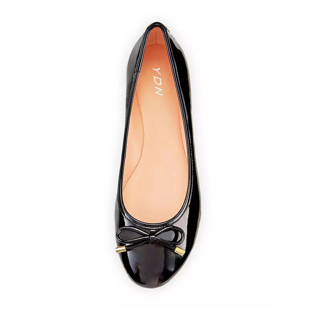 Black Patent Leather Round Toe Flat Pumps for Women with Bow Tie