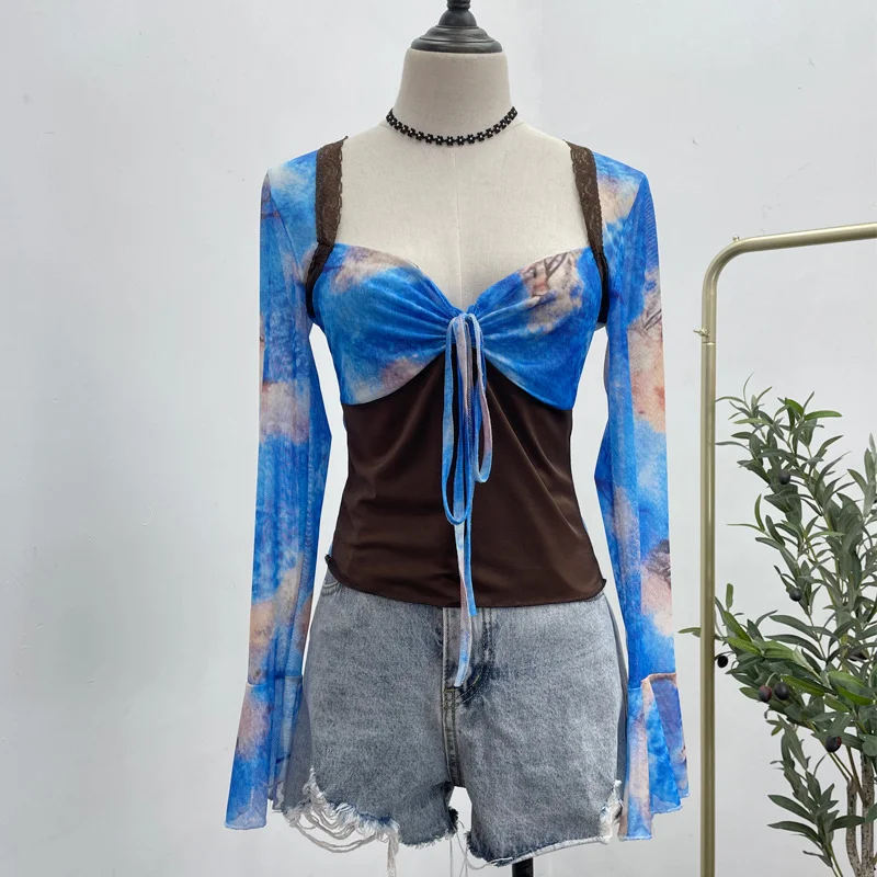 Uveng 2023 Spring Dress French Court Style Lace With Lace Stitched Print Horn Long-Sleeved T-Shirt 82236