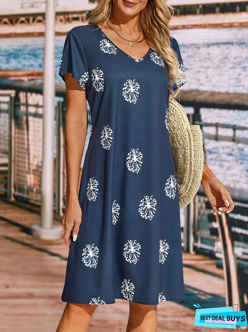 Casual V neck Long Sleeve Dandelion Loosen Woven Dress