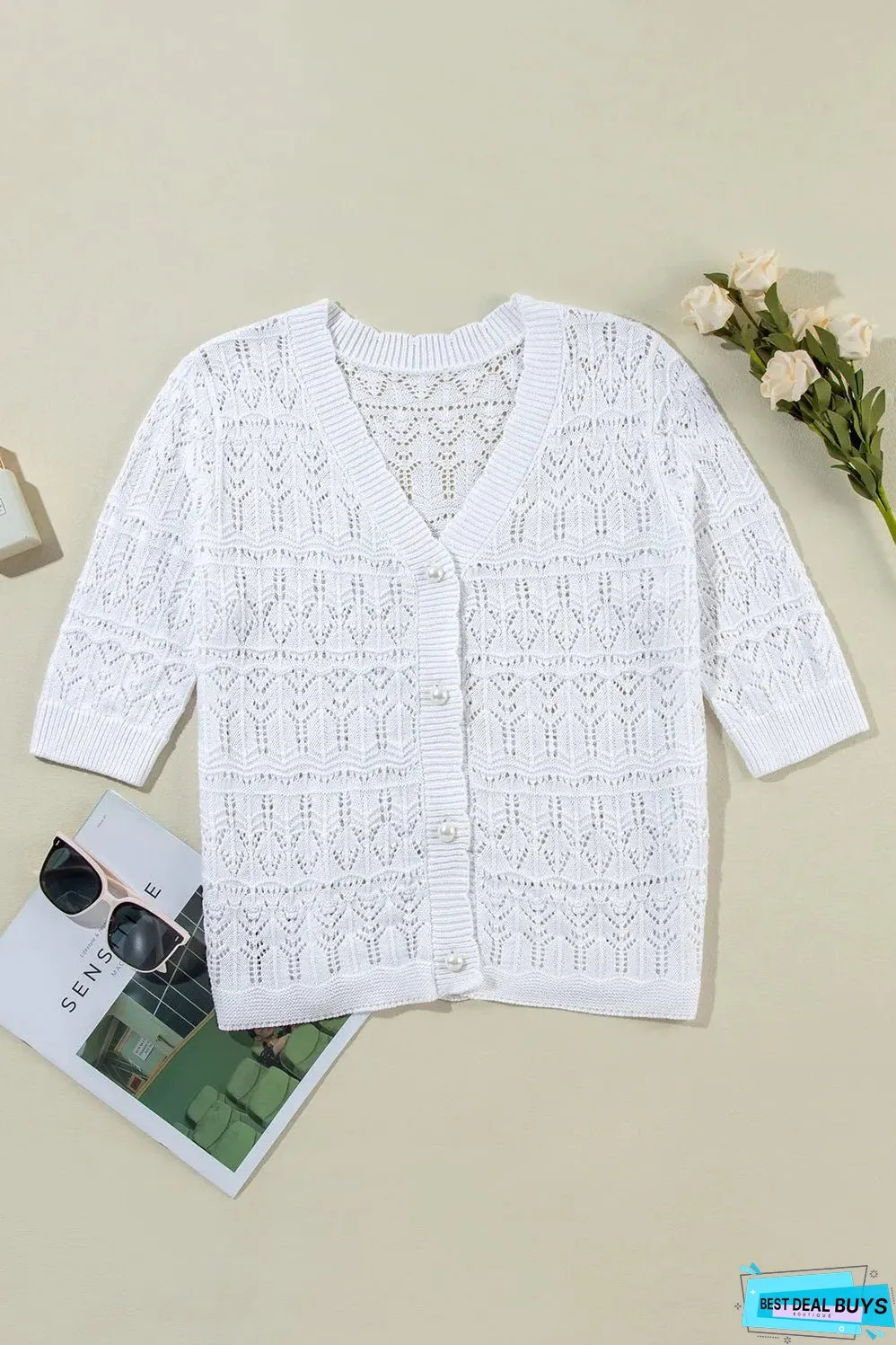 White Frenchy Hollow Out Knitted V Neck Cardigan